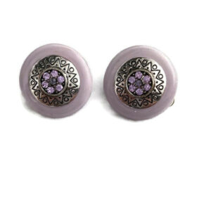 Clipoorbel zilverkleurig rond met paarse rand en steentjes in het midden