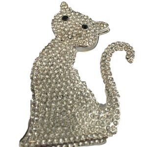 Magneetbroche Kat zilverkleurig met strass