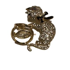Broche goudkleurige kat met strass en vissenkom