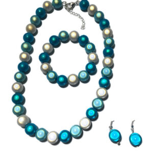 Sieradenset 3D blauw en wit (ketting, oorbellen en bijpassende armband)