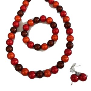 Sieradenset 3D rood/bruin (ketting, oorbellen en bijpassende armband)