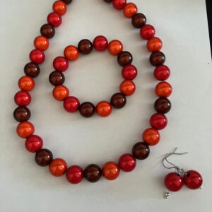 Sieradenset 3D rood/bruin (ketting, oorbellen en bijpassende armband)