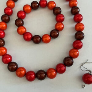 Sieradenset 3D rood/bruin (ketting, oorbellen en bijpassende armband)