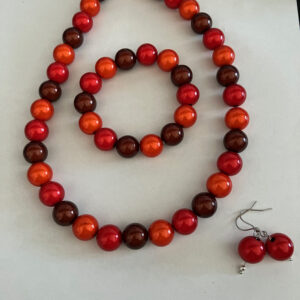 Sieradenset 3D rood/bruin (ketting, oorbellen en bijpassende armband)