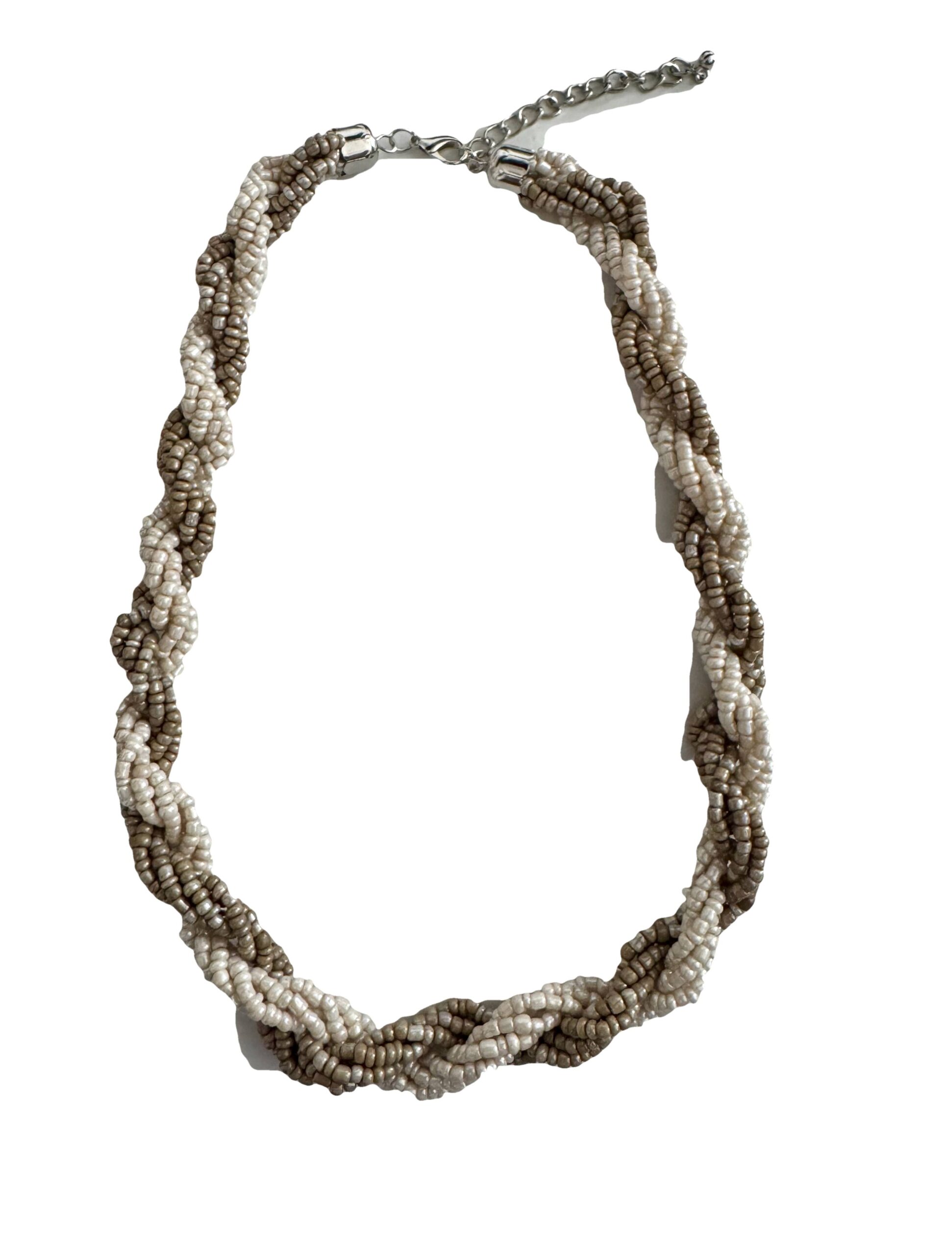 Ketting gevlochten rocailles grijs-crème